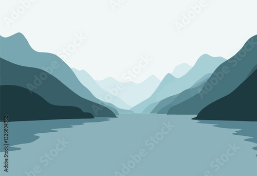 Blue Grayscale Mountainscape and Lake View