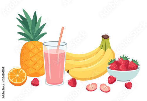 Bright Fruit Still Life with Pink Smoothie and Strawberries