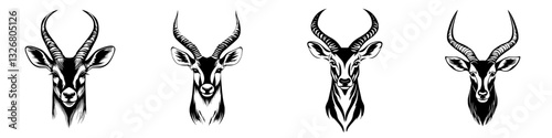 Unique black and white illustrations of antelope heads showcasing intricate horn details