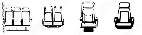 Collection of various seating designs for public transportation or vehicles showcased in simple outlines