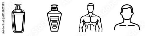 Personal care and fitness concepts with bottles and a male figure for body grooming routines