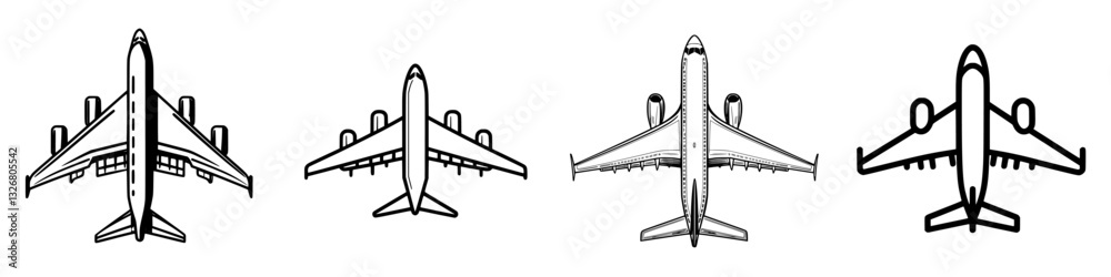 Various designs of airplanes showcasing top views in different styles with clear lines and shapes Various designs of airplanes showcasing top views in different styles with clear lines and shapes