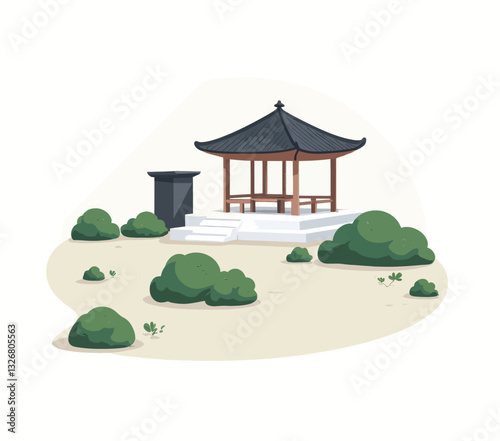 Cartoon Asian gazebo and rounded green bushes landscape