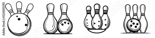 Unique bowling illustrations featuring pins and balls in various arrangements for creative designs
