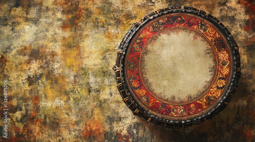Fototapeta premium Antique Hand Drum on Ornate Background Texture