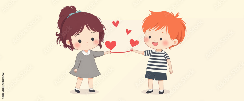 Cartoon Boy and Girl Sharing String of Red Hearts Cartoon Boy and Girl Sharing String of Red Hearts