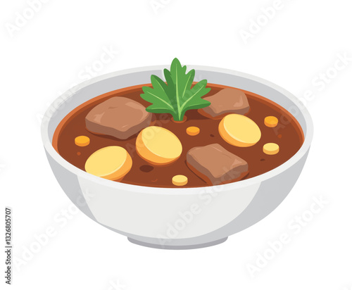 Cartoon Beef Stew with Potatoes and Parsley in White Bowl