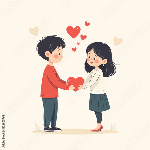 Cartoon boy and girl exchanging a red heart symbol