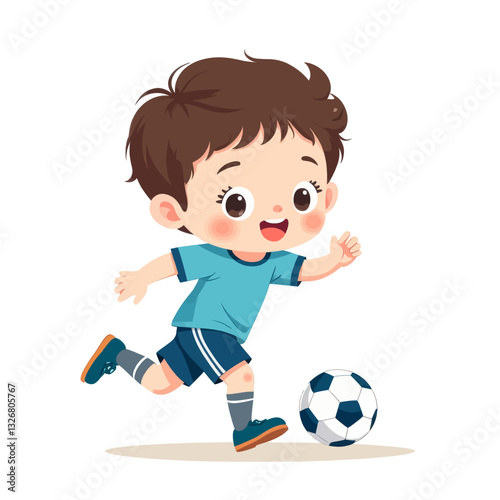 Cartoon boy joyfully kicks a soccer ball forward