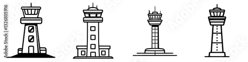 Various airport control tower designs showcased in simple and elegant line art style for aviation enthusiasts and architects alike