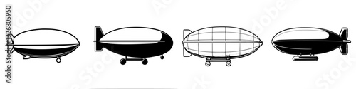 Various designs of airships showcasing evolution of zeppelin technology from classic to modern styles in a minimalistic illustration