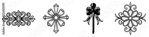 Decorative black and white floral and geometric designs showcasing intricate patterns and shapes for artistic expression