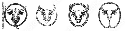 Graphic representation of cow heads with rope designs for rustic or farm-themed decor
