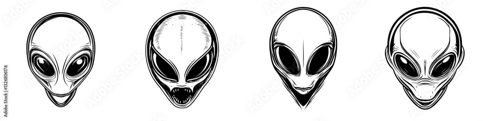 Unique collection of alien head illustrations showcasing different facial expressions and styles crafted in black and white vector art Unique collection of alien head illustrations showcasing different facial expressions and styles crafted in black and white vector art