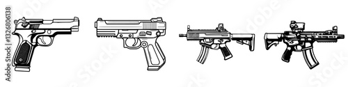 Various types of handguns and rifles displayed on a flat surface showcasing firearm design and specifications