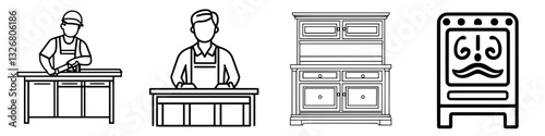 Craftsmen engaged in woodwork and furniture design in a workshop setting showcasing various furniture pieces