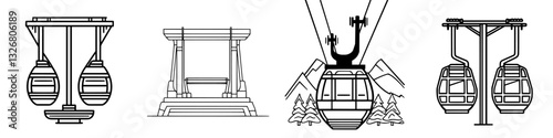 Various designs of gondola lifts presented against a minimalist backdrop showcasing mountain scenery