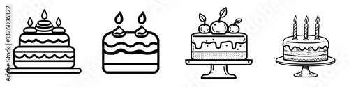 Various styles of cakes with candles presented on separate stands for celebration or dessert purposes