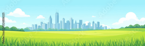 Cartoon Cityscape with Green Field and Blue Sky
