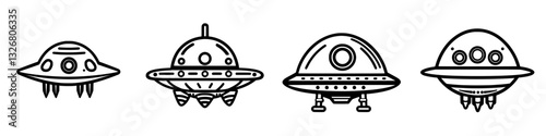 Different styles of spacecraft designs featuring classic flying saucers in various shapes and sizes