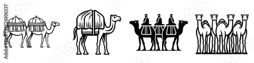 Camel caravan illustrations showcasing various styles and purposes in a traditional desert setting
