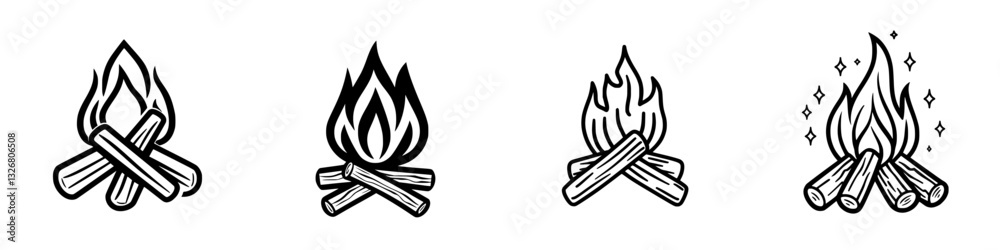 Stylish line art of campfires with different flame variations for creative projects and designs Stylish line art of campfires with different flame variations for creative projects and designs