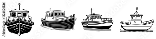 Various types of fishing boats illustrated in a monochrome style on a white background