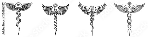 Historical representations of caduceus symbols showing different styles and interpretations across various periods of art
