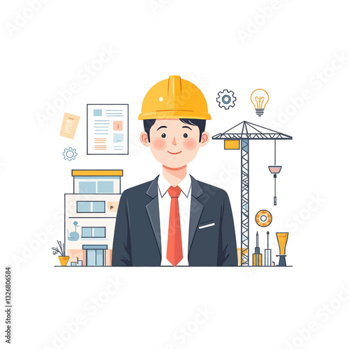 Cartoon Engineer in Hardhat with Crane and Building Plans