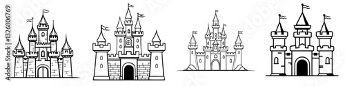 Various designs of fantasy castles with multiple towers and flags in black and white outline style
