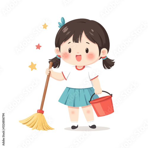Cartoon Girl Sweeping with Broom and Holding Bucket