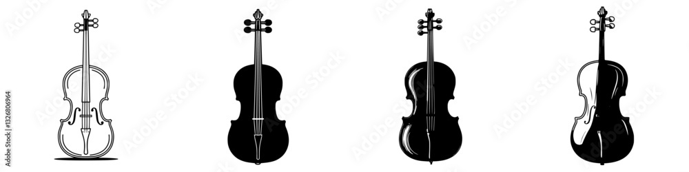 Different styles of violin illustrations showcasing craftsmanship and design across four distinct variations Different styles of violin illustrations showcasing craftsmanship and design across four distinct variations