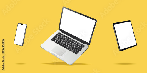 Modern laptop, mobile phone and tablet floating over yellow background