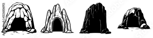 Multiple rock cave illustrations showcasing various sizes and shapes, ideal for artistic projects and natural scenery references