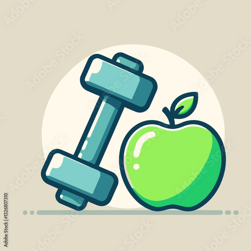 Dumbbell and fresh green apple representing fitness and healthy lifestyle in a playful design
