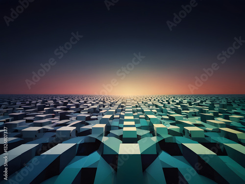 Image is a digital abstract artwork featuring a geometric pattern composed of various shapes, including circles, semi-circles, and rectangles. The layout is a grid-like arrangement with a harmonious