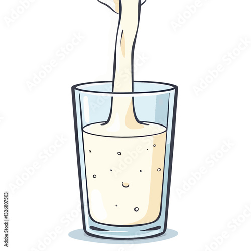 Cartoon milk pouring into clear glass cup