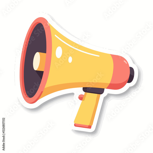 Cartoon megaphone sticker, yellow and red loudspeaker icon