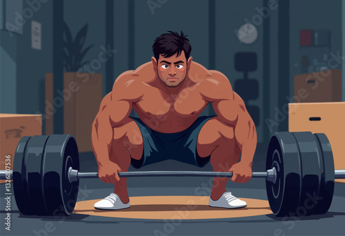 Cartoon Muscular Man Ready to Lift Barbell in Gym
