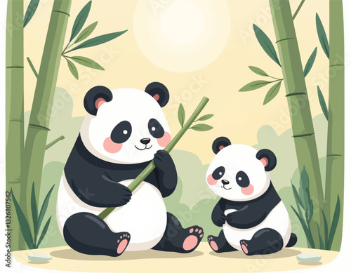 Cartoon Panda with Bamboo, Baby Cub Near
