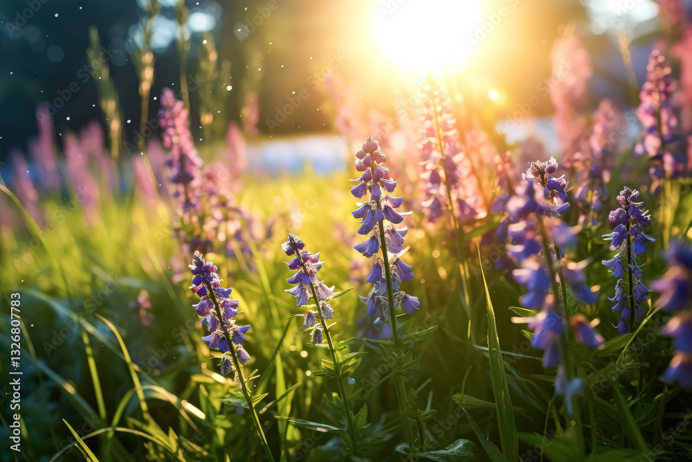 Obraz premium Field of purple flowers with dew drops on them. The flowers are in full bloom and the sunlight is shining on them, creating a serene and peaceful atmosphere