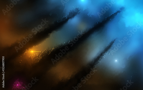 Obraz na płótnie quadro fatto a mano che rappresenta con una panoramica un ambiente nello spazio cosmico di fantasia, con una nebulosa dalle sfumature di azzurro, arancione e magenta e a forma di tridente w salonie