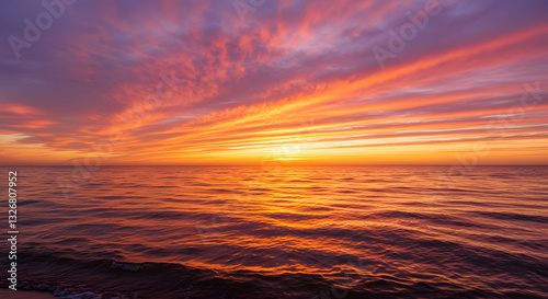 A stunning sunset over the ocean, with warm orange and pink hues reflecting on the water.