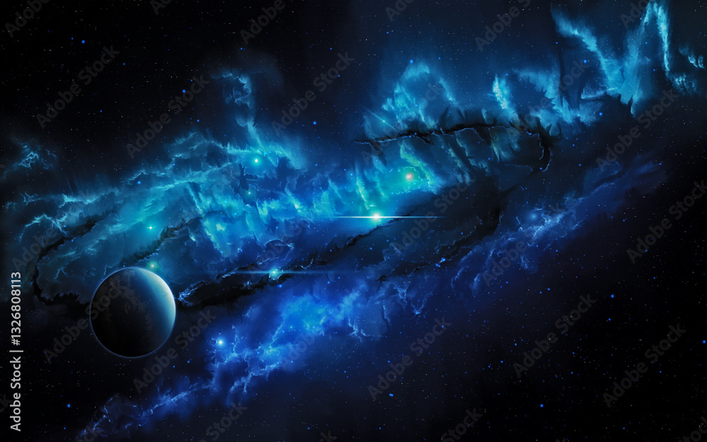 panoramica, fatta a mano, di un ambiente di fantasia nello spazio cosmico, con un pianeta in primo piano e una nebulosa di colore blu e infinite stelle sullo sfondo