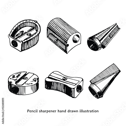 Pencil sharpener illustration. Pencil sharpener hand drawn illustration in vintage style. Set of pencil sharpener drawing