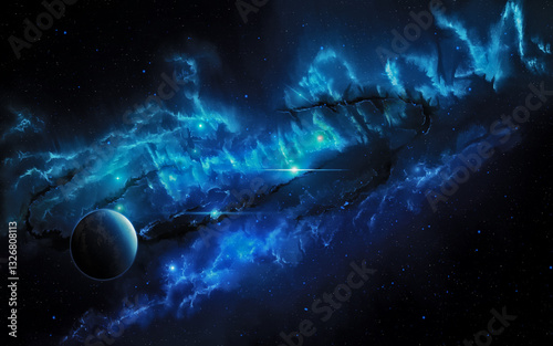 Obraz na płótnie panoramica, fatta a mano, di un ambiente di fantasia nello spazio cosmico, con un pianeta in primo piano e una nebulosa di colore blu e infinite stelle sullo sfondo w salonie
