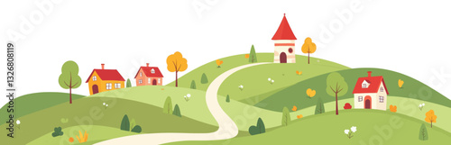Cartoon Village with Homes and Tower on Green Hills