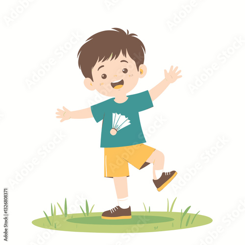 Cheerful boy with badminton tee balancing on grass