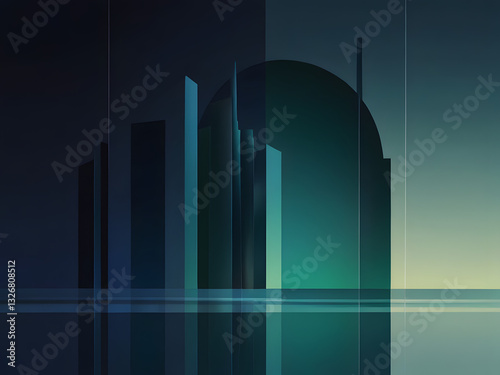 Image is a digital abstract artwork featuring a geometric pattern composed of various shapes, including circles, semi-circles, and rectangles. The layout is a grid-like arrangement with a harmonious