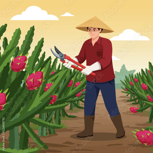 Harvesting Dragon Fruit at Farm with Pruning Shears and Straw Hat